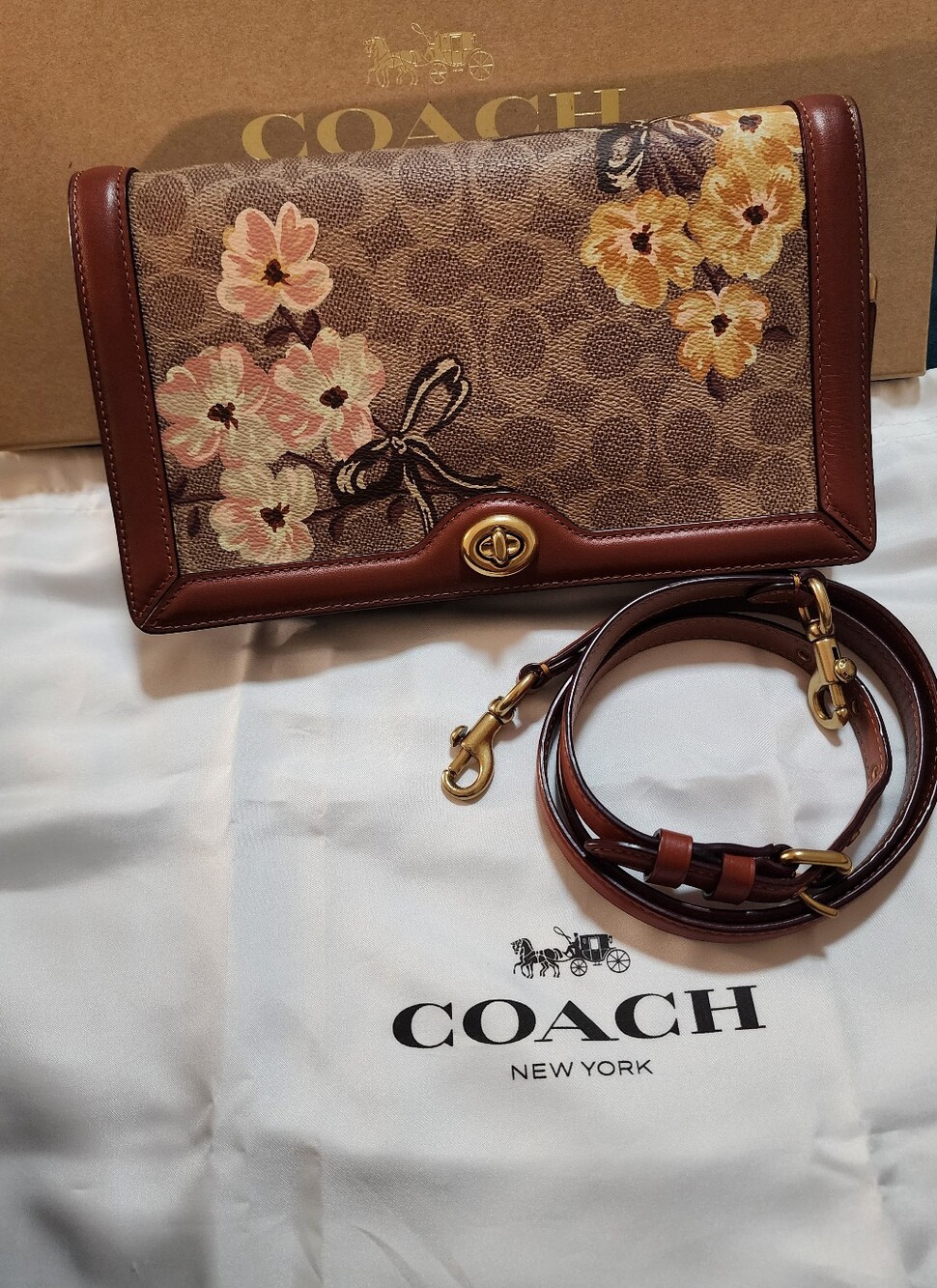 Coach Brown Floral Signature Crossbody with Tan & Pink Accents